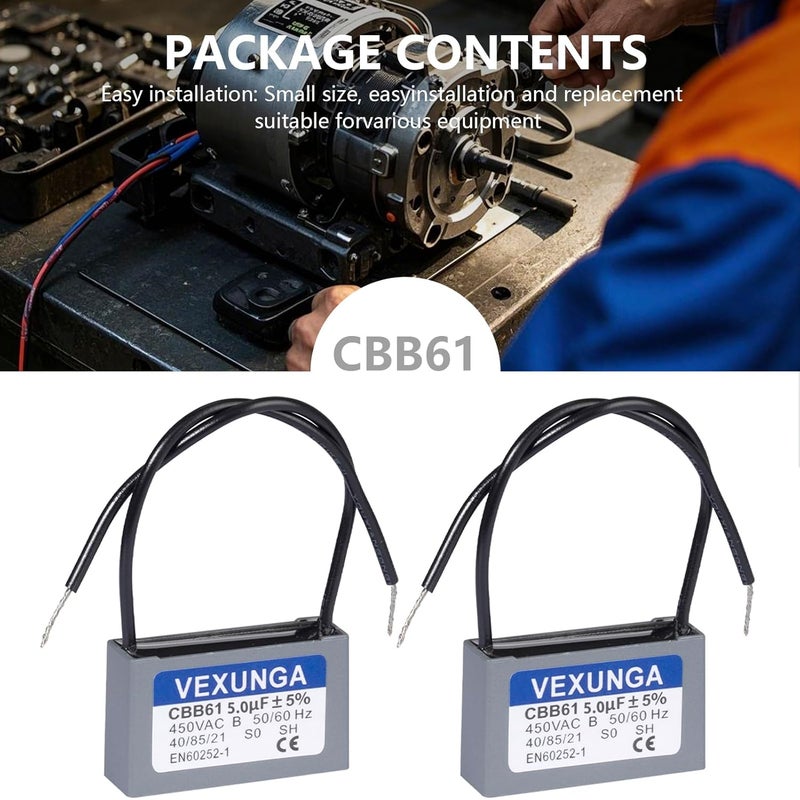 VEXUNGA CBB61 Fan Capacitor 5uF 450 Volt Ceiling Fan Capacitors Replacement 5MFD 450V AC 450VAC 50/60Hz 2Wire for Fans Motor Start Run (2Pcs) - Image 3
